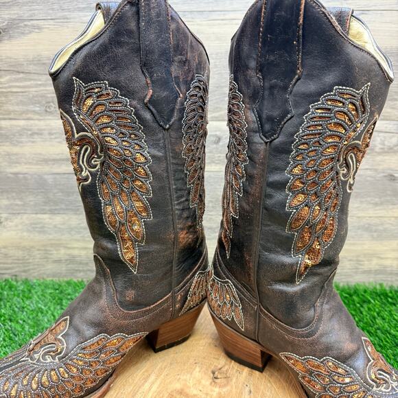 Corral Women - Size 7M - Brown Fleur De Lis Wings Cowboy Boots R2549 - Picture 4 of 11